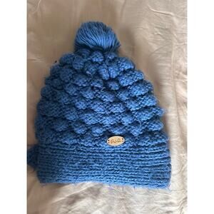 FU-R Blue Knit Winter Hat Beanie PomPom Textured Bubble Stitch Rhinestone Detail